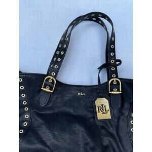 Lauren Ralph Lauren Black Pebbled Leather Grommet Satchel Tote RLL Gold